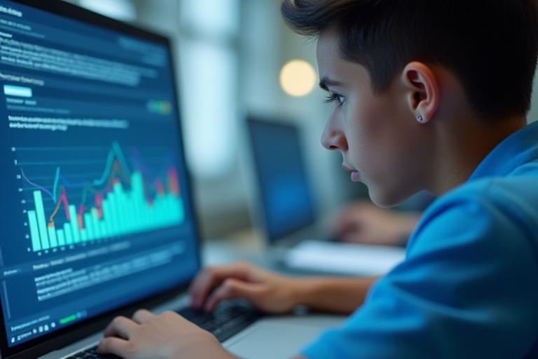 Student taking an online assessment on a computer, showing data visualizations of performance