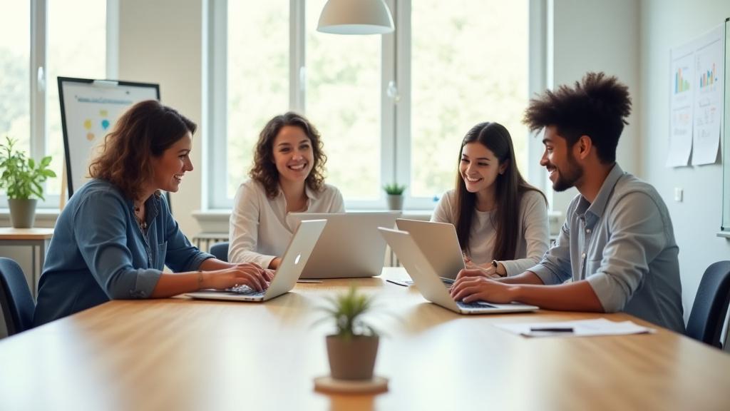 Teachers collaboratively working on laptops in a modern, bright classroom setting
